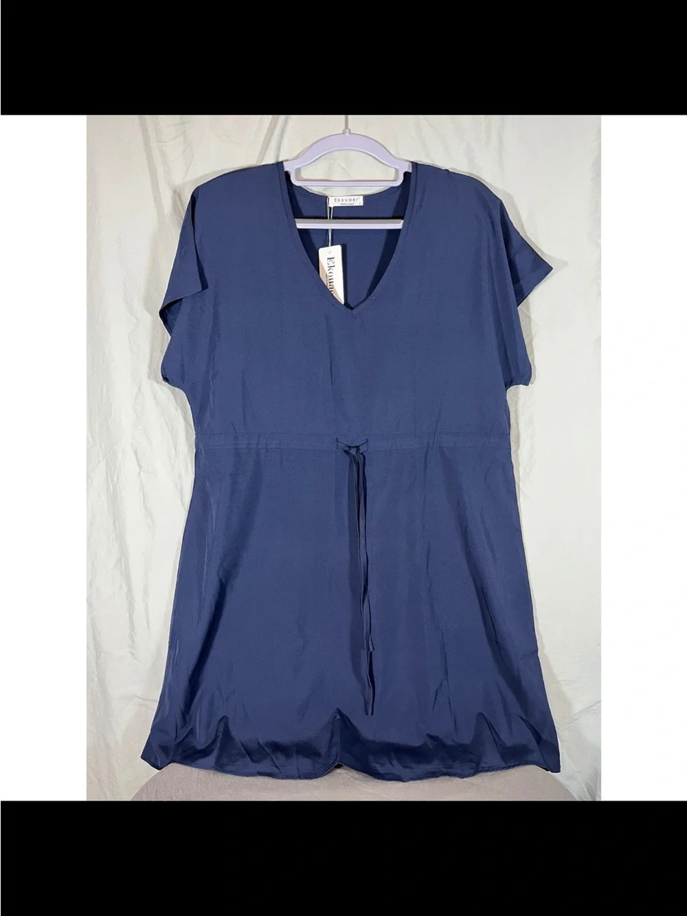 Casual V-Neck Navy Swim Coverup with Drawstring Waist